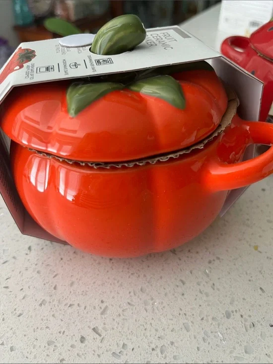 Red Ceramic Tomato Bowl with Lid - Decorative Fruit Design