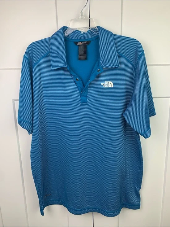The North Face Men's L Blue White Striped Short Sleeve Polo Golf Shirt Preppy