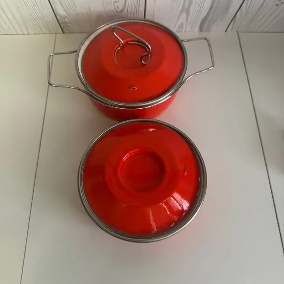 MCM Set of 2 Enamel Bright Red-Orange Lidded Cooking Pots Handle Lid
