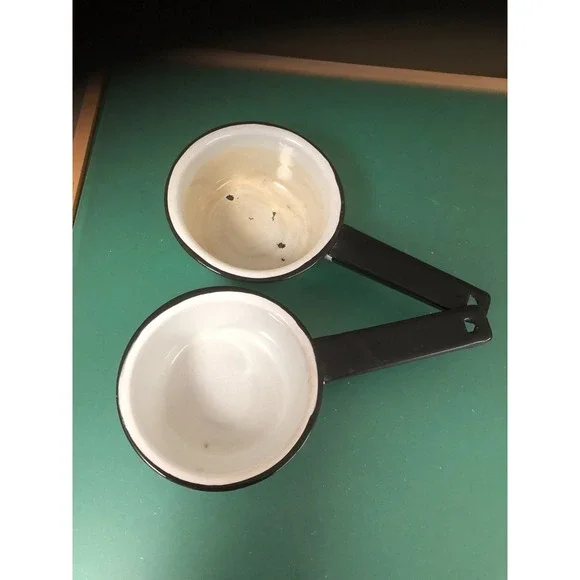 2 - VTG Enamelware Small 5 Inch  SaucePans Pots White Black Trim & Handles