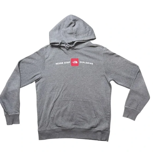 The‎ North Face Mens Gray Red Never Stop Exploring Logo Hoodie/Sweatshirt Sz L