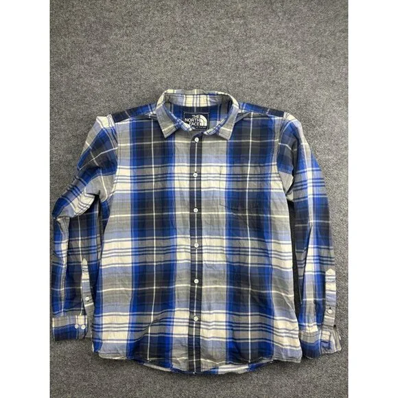 The North Face Shirt Mens Large Blue‎ Gray White Plaid Button Down Long Sleeve