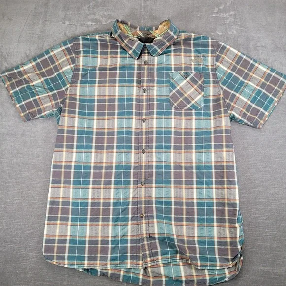 The North Face Mens Plaid Short Sleeve Button Up Shirt Green Brown Orange Sz 2XL