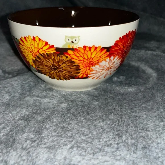 Hoot N Nanny Owl Bowl Canterbury Potteries Bird Flowers Brown Yellow