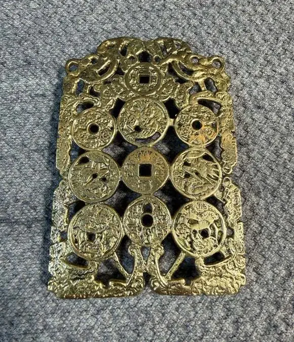 Solid Brass Trivet Asian Coins Birds Butterflies 6