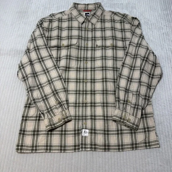 The North Face Men's XL Plaid Flannel Button-Up Shirt Beige Green Gray