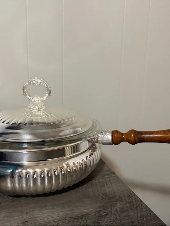 Silver-Tone Lidded Serving Pan with Wooden Handle