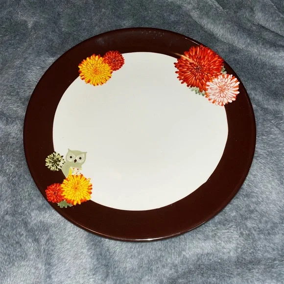 Hoot N Nanny Owl Plate Canterbury Potteries Bird Flowers Brown Yellow