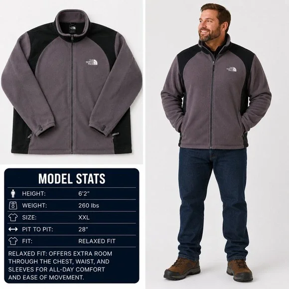 The North Face Mens XXL Gray Black Full Zip Fleece Jacket Relaxed Fit 953