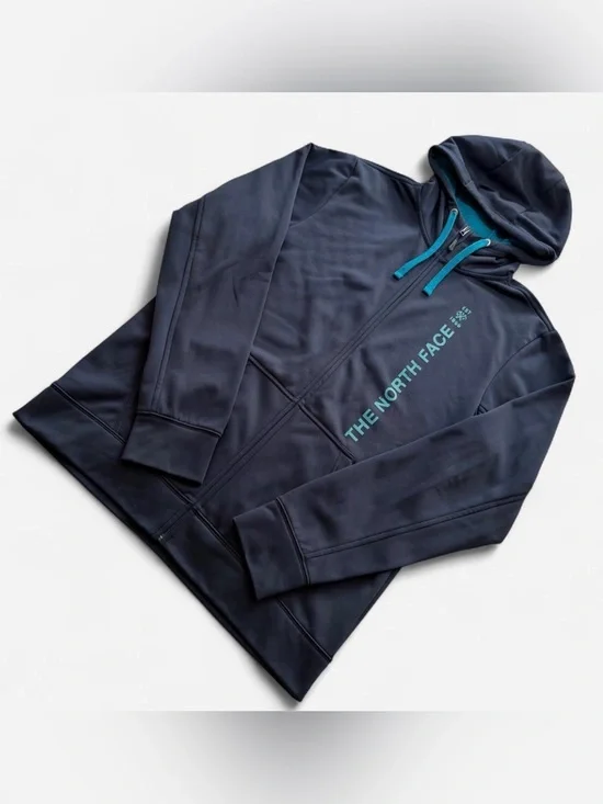 The North Face Navy Hoodie with Teal Logo and Drawcords