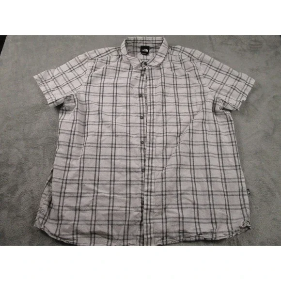 North Face Shirt Mens XXL White‎ Plaid Outdoor Button Up Short Sleeve