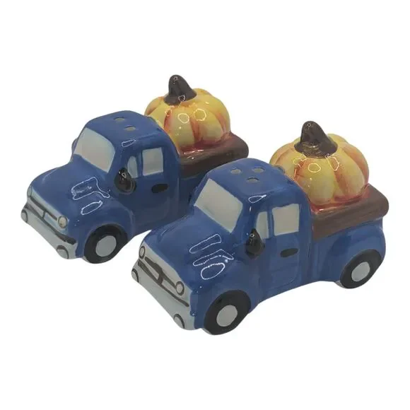 Farmhouse Fall Decor Blue Truck Pumpkin Salt & Pepper Shaker Set Ceramic Harvest