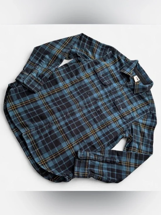 The North Face Blue and Black Plaid Button-Down Shirt with Yellow Stripes