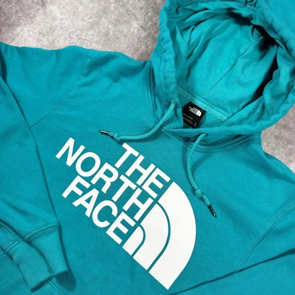 The North Face Mens Half Dome Pullover Hoodie Teal Blue Big Logo Sweatshirt M