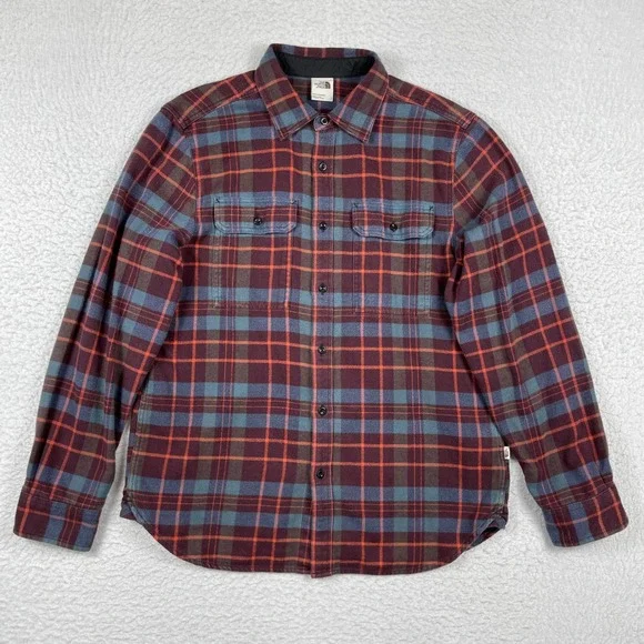 The North Face Flannel Shirt Mens Large Burgundy Blue‎ Orange Plaid Button Down