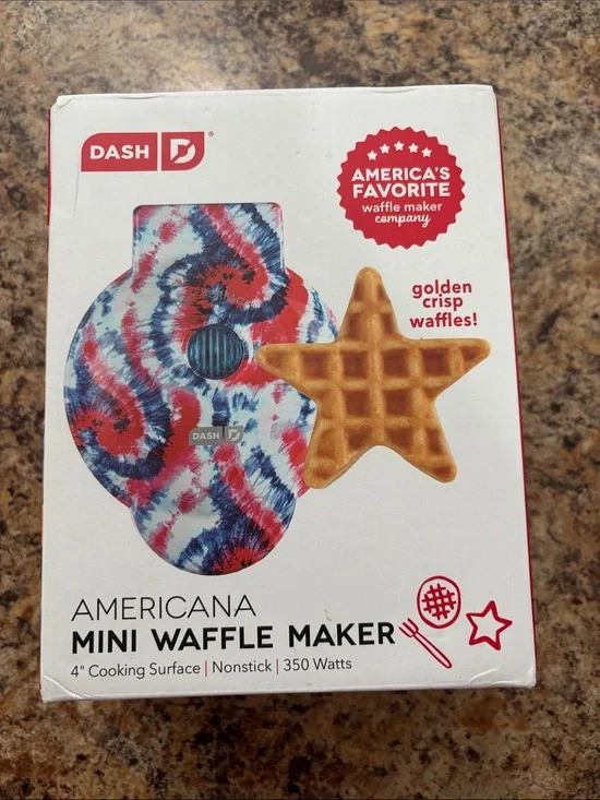 New in Box Dash Americana Mini Waffle Maker in Red, Blue, White Tie-Dye