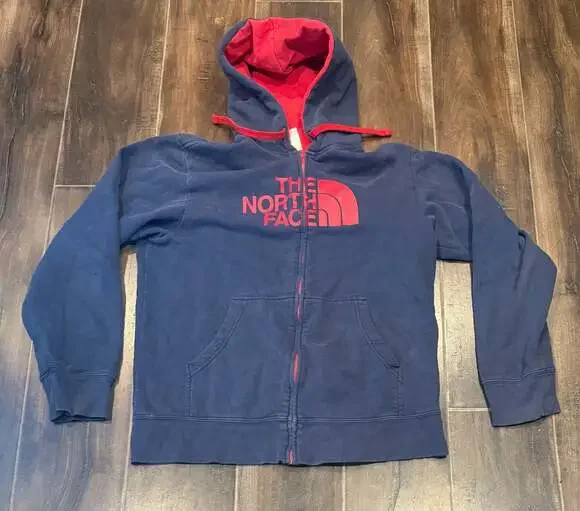 The North Face Full Zip Hoodie Sweatshirt Navy Blue with Red Logo