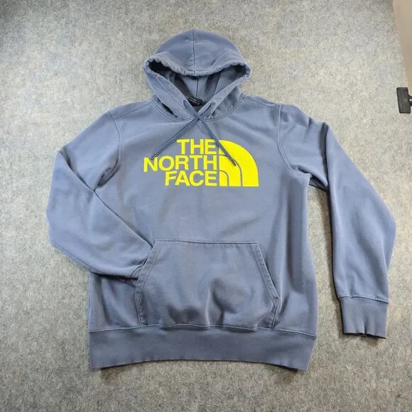 The North Face Men's Hoodie Lime Green Logo Sweatshirt Denim Blue Size M *Flaws*
