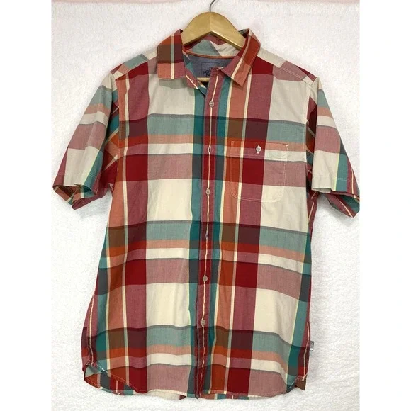 The North Face Mens Medium Red Blue Short Sleeve Button Down Shirt Pocket‎