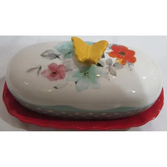 THE PIONEER WOMAN BUTTER DISH FLEA MARKET FLORAL STONEWARE POLKA DOTS BUTTERFLY