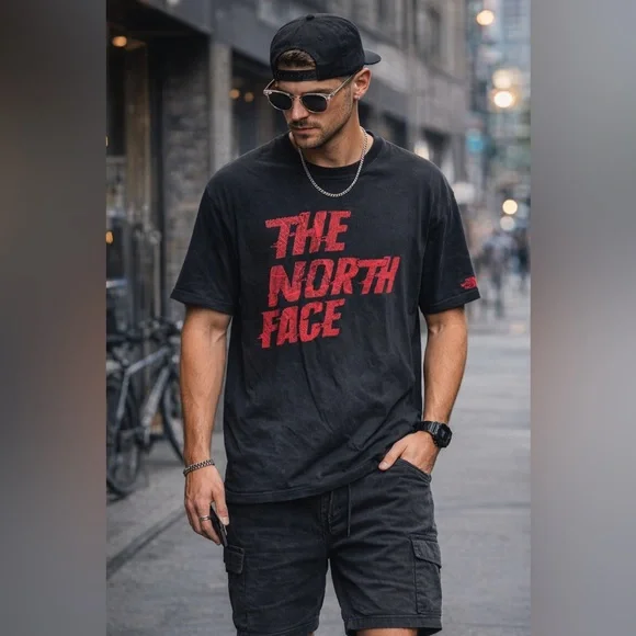 The North Face Black Red Graphic Logo Tee XXL Slim Fit Rare Print Streetwear