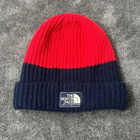 The North Face Red Navy Blue Colorblock Ribbed Knit Heritage Beanie Hat Size Med