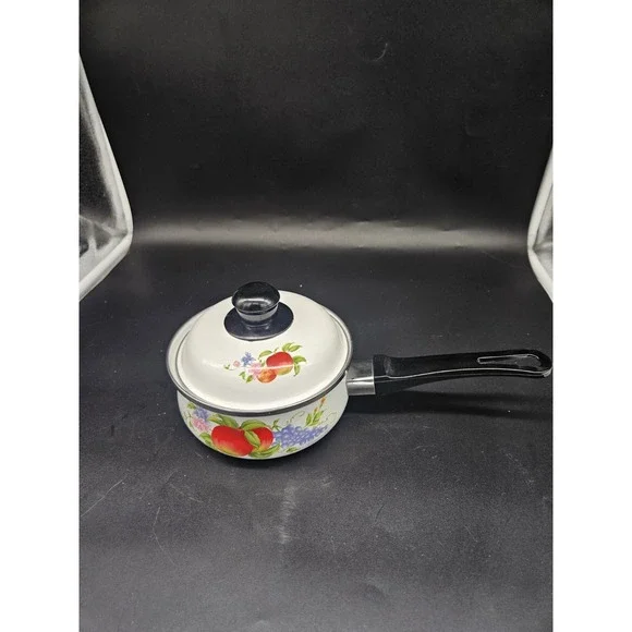 Vintage Enamelware Apple & Grape Small Sauce Pan