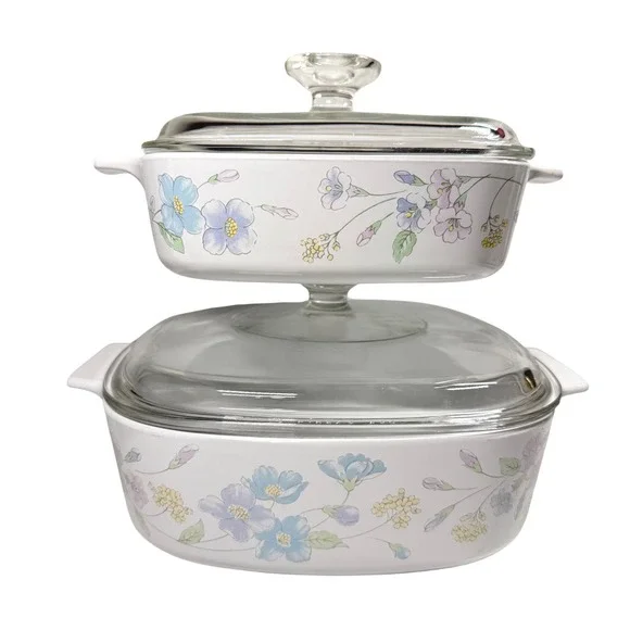 CORNING WARE Pyrex Pastel Bouquet Casserole Dish Set Lid A-1-B 1L & A-2-B 2L VTG