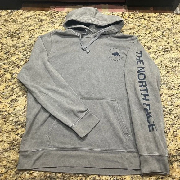 The North Face Mens XL Grey Bear Graphic Sleeve Logo Pullover Hoodie Sweatshirt