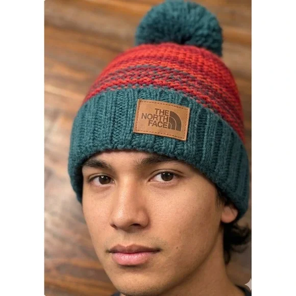 The North Face Beanie Hat Red Teal Blue Pom‎ Pom Fleece Lined One Size PD292294