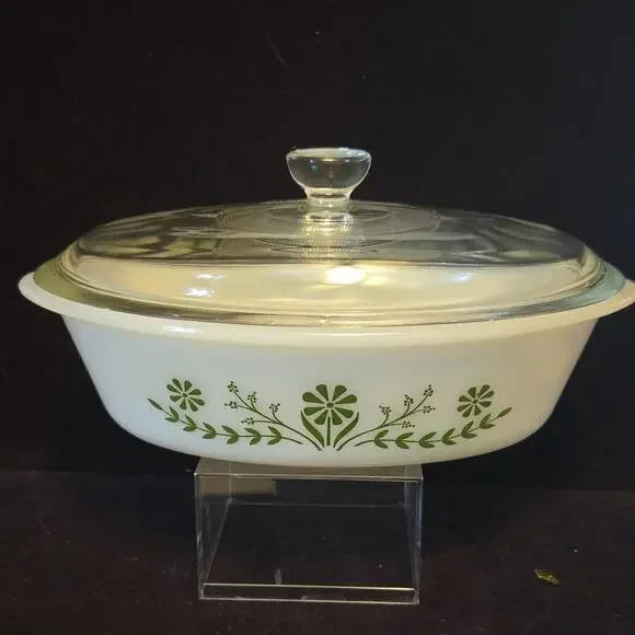 Vintage Glasbake J235 Oval 1.5 Qt Casserole Dish White/Green Floral w/ Glass Lid