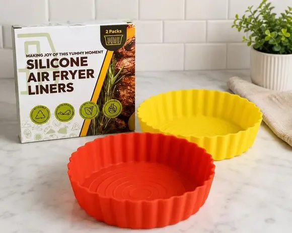 Katbite Silicone Air Fryer Liners 2 Pack Round Red Yellow Reusable BPA Free New