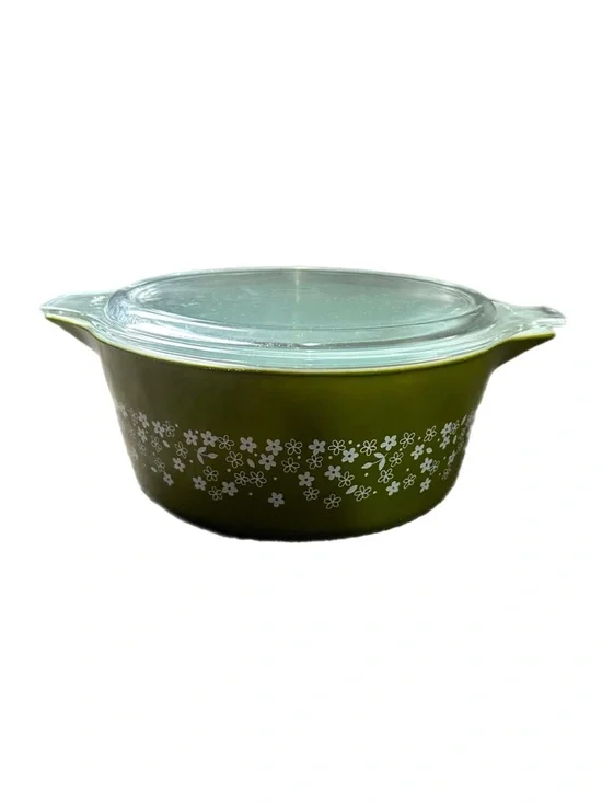 Pyrex 2.5 Quart Casserole Dish Spring Blossom Green Floral Glass Lid Crazy Daisy