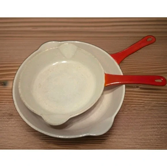 Set of 2 Vintage Descoware Flame Orange Enameled Cast Iron Skillet Pans Belgium