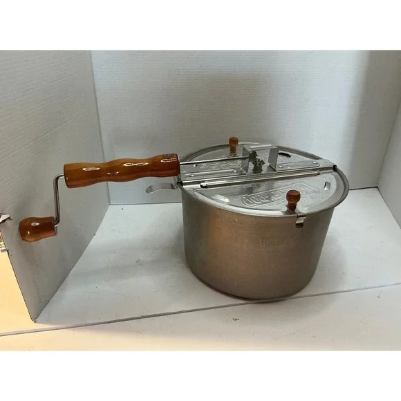 Whirley-Pop Vintage Stovetop Popcorn Popper Aluminum Wood Handle Silver 6qt