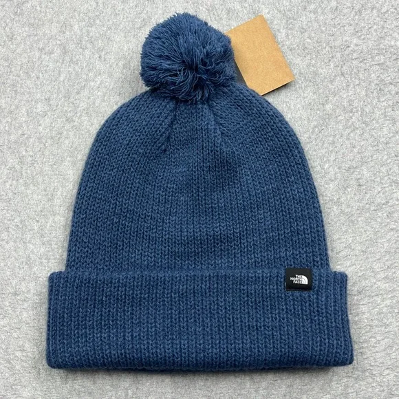 NEW The North Face Pom Beanie Adult OS Shady Blue Knit Cuffed Logo Winter Hat