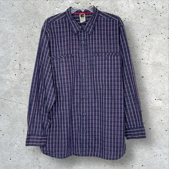 The North Face Men XL Button Up Blue Red White Plaid Long Sleeve Collared Shirt‎