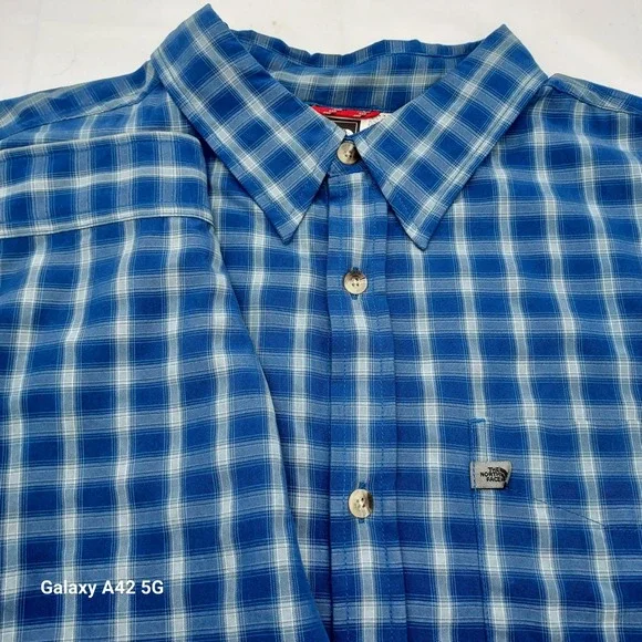 The‎ North Face Mens XXL Blue Plaid Short Sleeve Button Up Shirt Modal Blend