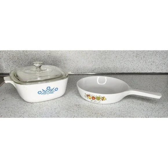Corning Ware Blue Cornflower Casserole Dishes W/ Chipped Lid 1½ Q & 6½ Skillet