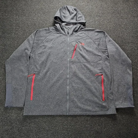 The Northface Hoodie Mens XXL‎ Gray Red Lightweight Thumb Hole Active Fleece