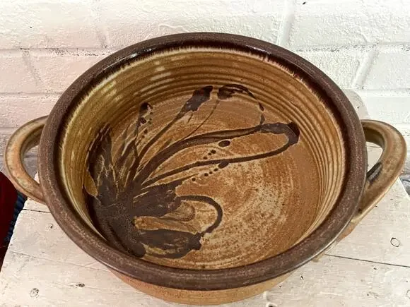 Vintage Studio Pottery Handled Stoneware Serving Bowl Brown Floral Glaze 11.5