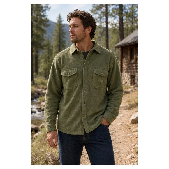 The North Face Fleece Shirt Jacket Mens Medium Green Button Front Shacket