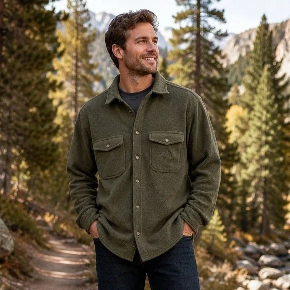 The North Face Fleece Shirt Jacket Shacket Mens M Olive Green Button