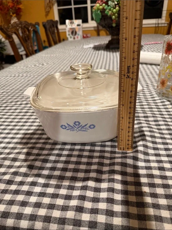 Corningware White Casserole Dish with Blue Floral Pattern and Clear Glass Lid