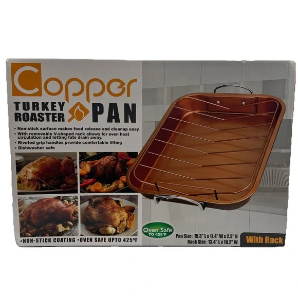 Copper Turkey Roaster‎ Pan with Rack Non Stick Coating and Oven Safe Up To 425 F