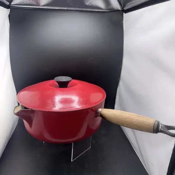 Le Creuset #22 Red Enameled Cast Iron Saucepan Pot w Lid Wood Handle France