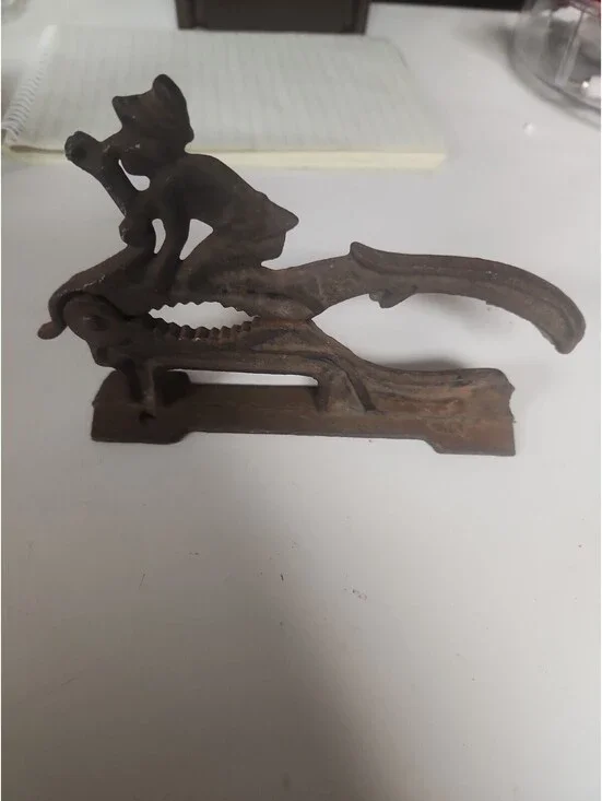 IMP Nut Cracker Old Cast Iron Whimsical Elf Riding Bird Pecan Sheller
