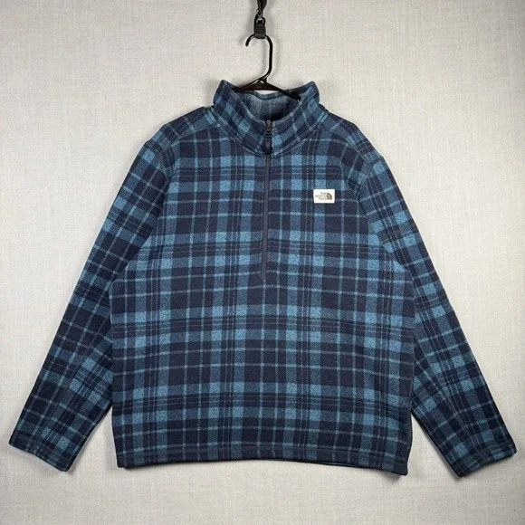 North Face Sweatshirt Mens XL Blue Gordon Lyons Fleece Half Zip Buffalo Check
