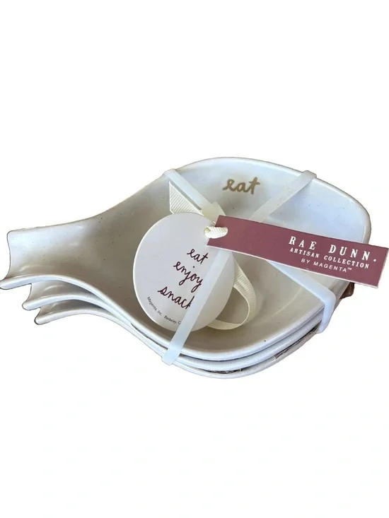 RAE DUNN Minimalist Farmhouse Nesting Stone Spoon Rests EAT ENJOY SNACK Leaves~3
