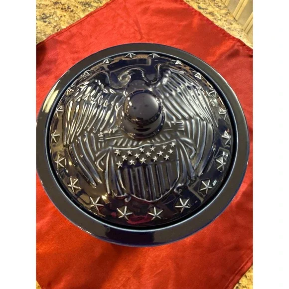 Longaberger Pottery American Eagle Lidded Casserole Dish Navy Blue Stars USA